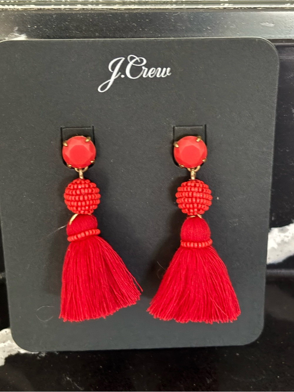 J. Crew Bright Red Beaded Tassel Earrings